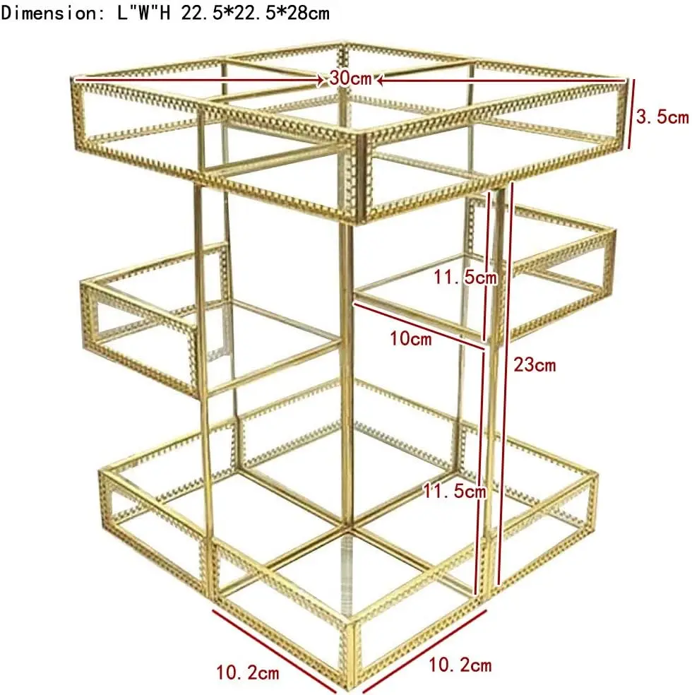 360 Degree Rotation Makeup Organizer Antique Countertop Cosmetic Storage Box Mirror Glass Beauty Display, Gold Spin Large Capaci