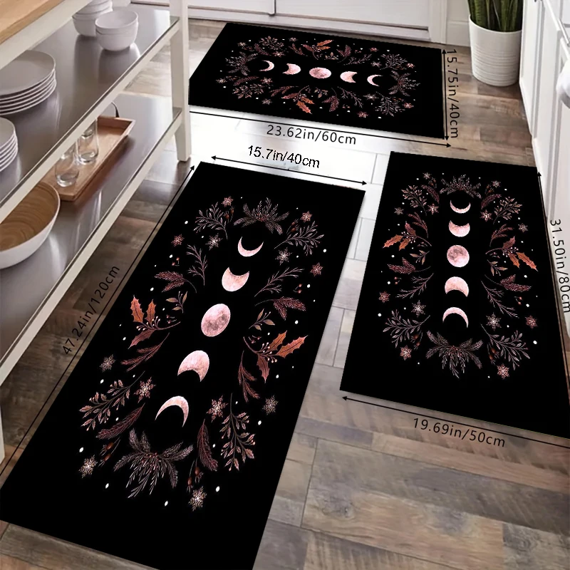 Küchenteppich, schwarz, mit gotischem Hexenmond-Motiv, Bodenmatte, rutschfest, langer Streifenteppich für Schlafzimmer, Wohnzimmer, Flur, Heimdekoration