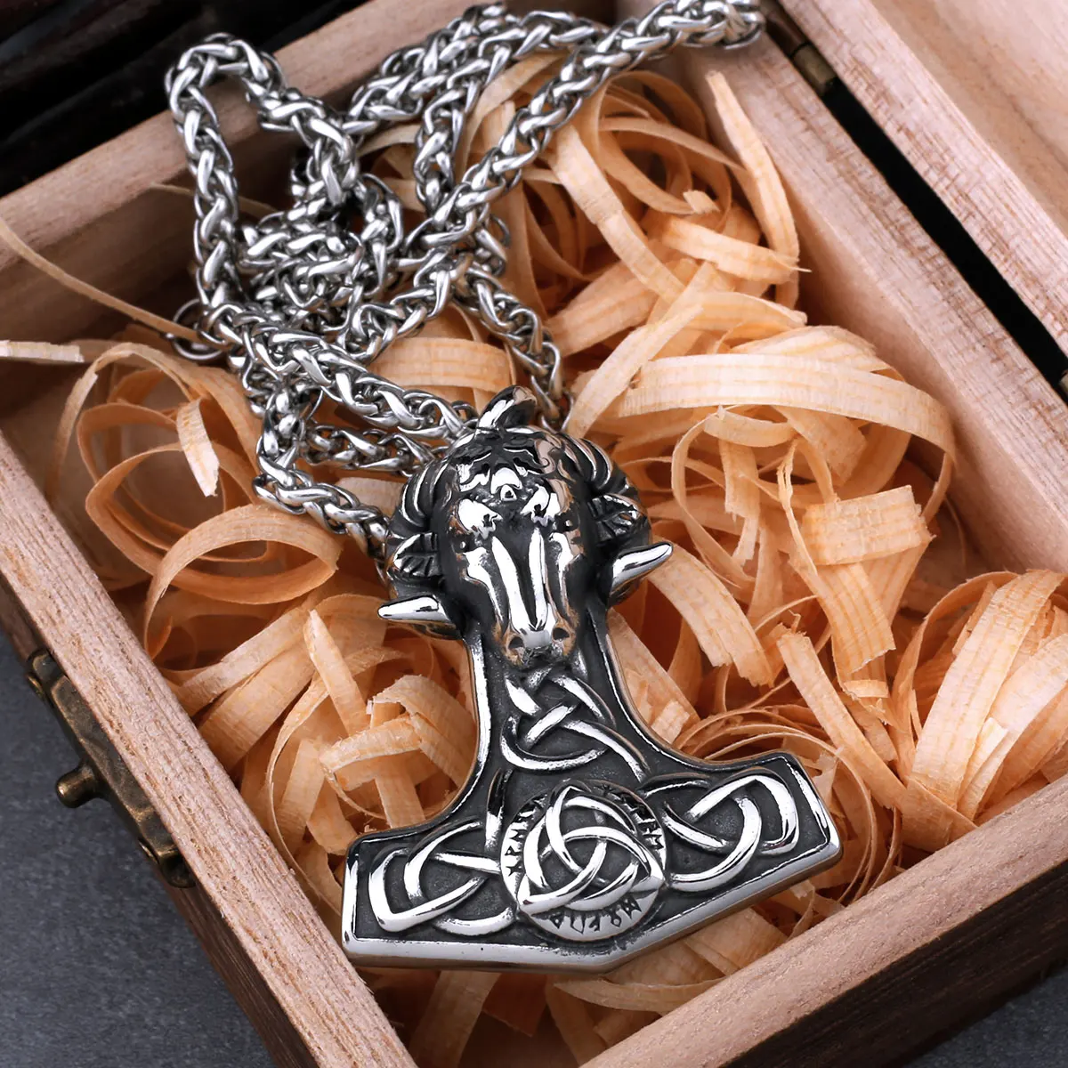 Stainless Steel Viking Mjolnir Thor's hammer Ram Necklace for Men Vintage Odin amulet Pendant Necklace Nordic Chain Jewelry Gift