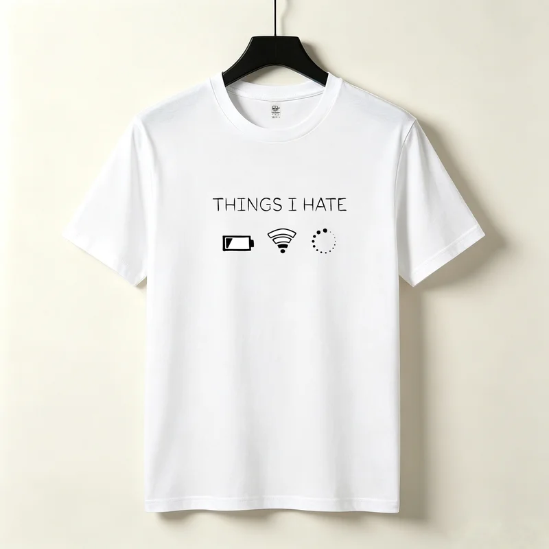 THINGS I HATE Battery WiFi Loading Icons Print T-Shirt Men Black White Cotton Short Sleeve Casual Funny Tech Graphic Tee Top