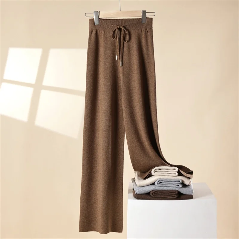 Autumn Winter 2025 New Fashion High Quality Wool Loose Knit Wide Leg Drop Straight Trousers Cashmere Woolen Elastic waist pants