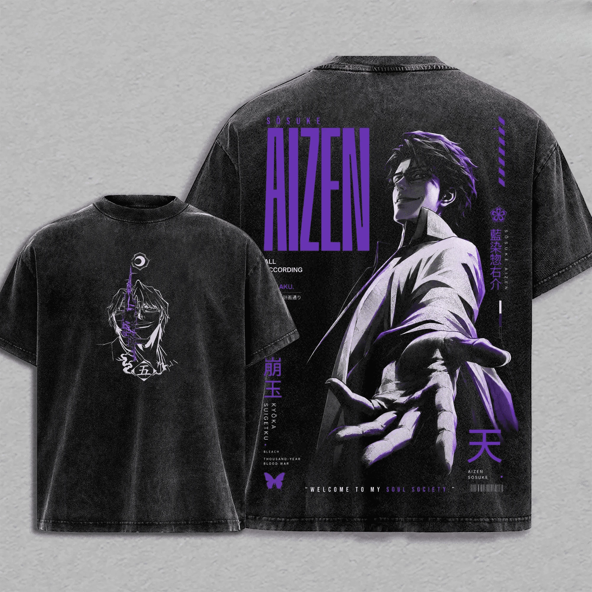 BLEACH Aizen Sousuke Printed T-shirt Anime Manga Washed T Shirt Men Clothing Summer Cotton Clothes Casual Oversized Tees Tops