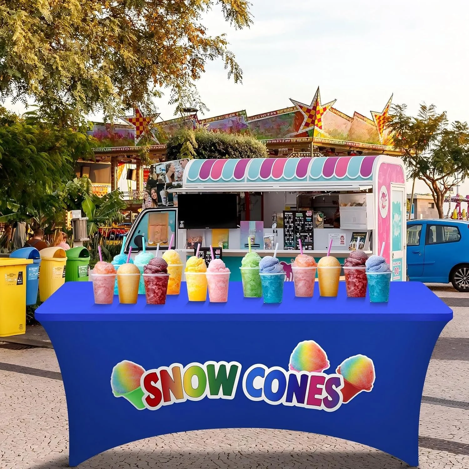 

Professional Heavy Duty Snow Cones Spandex Tablecloth Non-See-Through Stretch Table Cover for Concession Stand Vendor Display