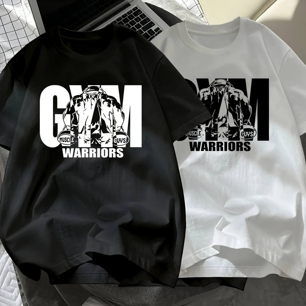 Strong Gym Warriors Men T-Shirt Cotton Summer Oversized O-Neck Black White Set Tops Short Sleeve Soft T Shirt Basic Male Clothes