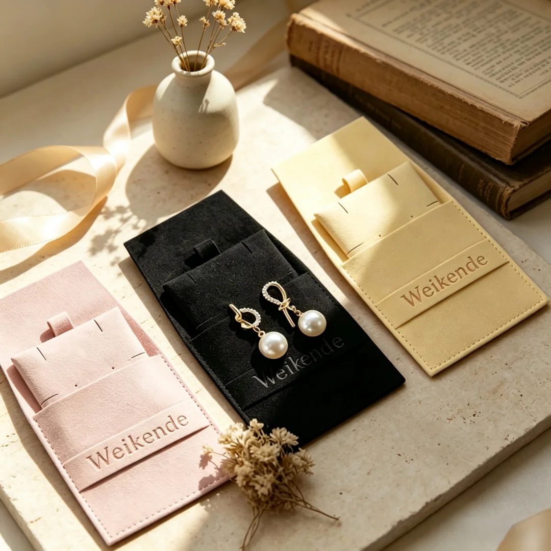 20/50Sets Custom Logo Microfiber Pouches with Insert Card Jewelry Packaging Ring Necklace Earrings Organizer Pouch Storage