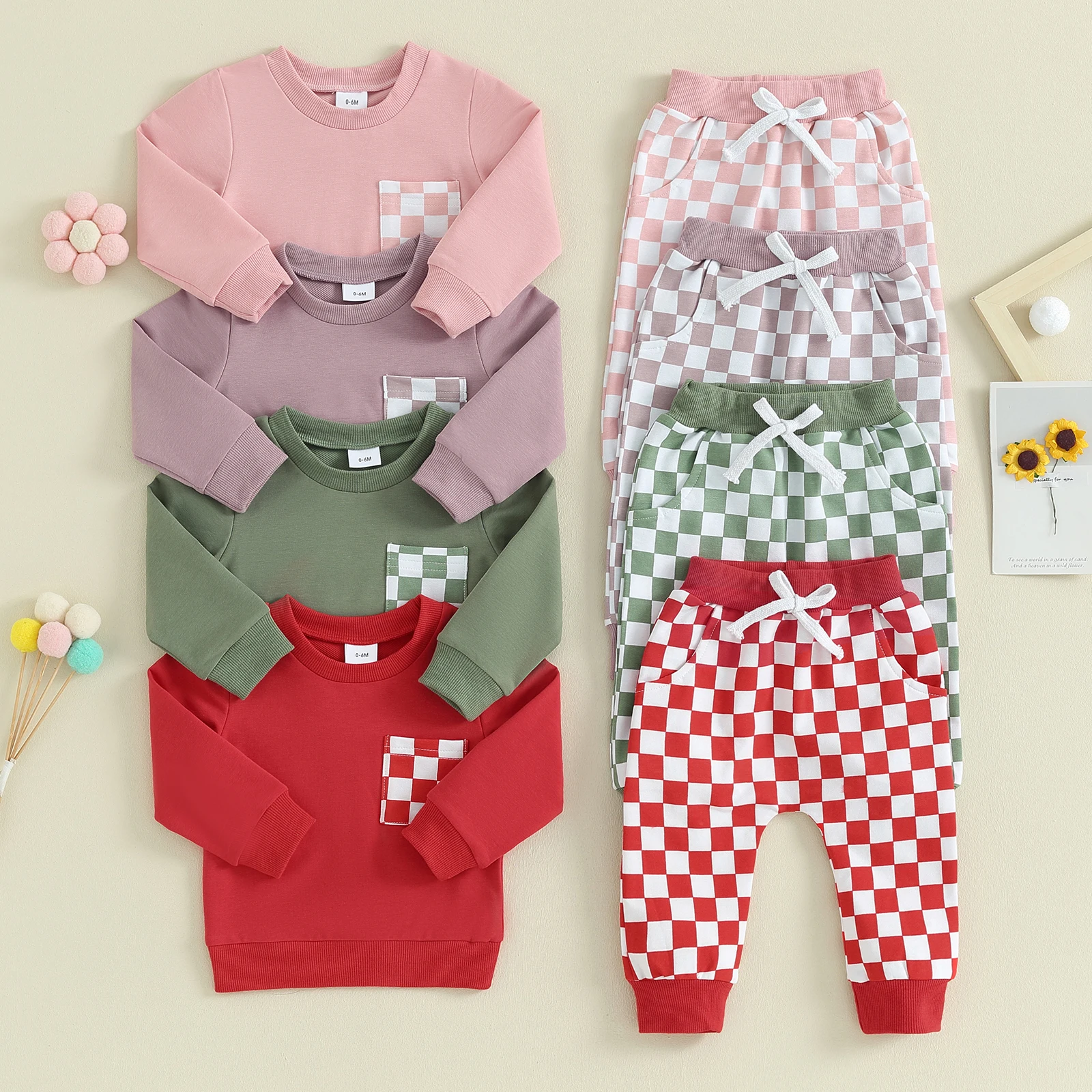 

2023-11-01 Lioraitiin 0-3Y Toddler Boy Girls Clothes Checkered Outfit Long Sleeve Pocket Sweatshirt Top Plaid Jogger Pants Set