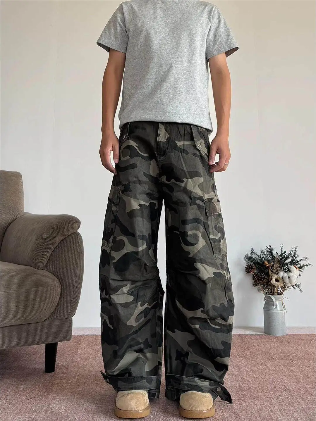 

American Retro Camouflage Loose Leg Casual Workwear Jeans Men's Trendy Brand Multi-ket Knife Jeans Straight Tube