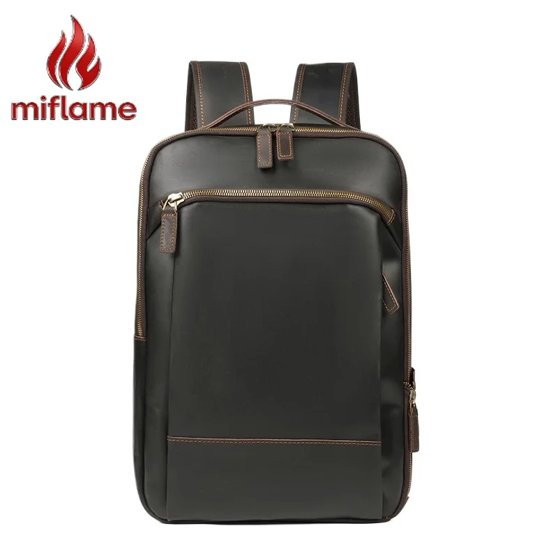 

Men's 15 Inch Genuine Leather Large Capacity Laptop Backpack with Double Zipper for Business Travel Black