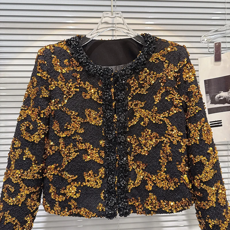 2025 Winter New Gold Bead Embroidered Nail Beaded Down Lining Jacket Women's High end Light Luxury Color Blocking Coat