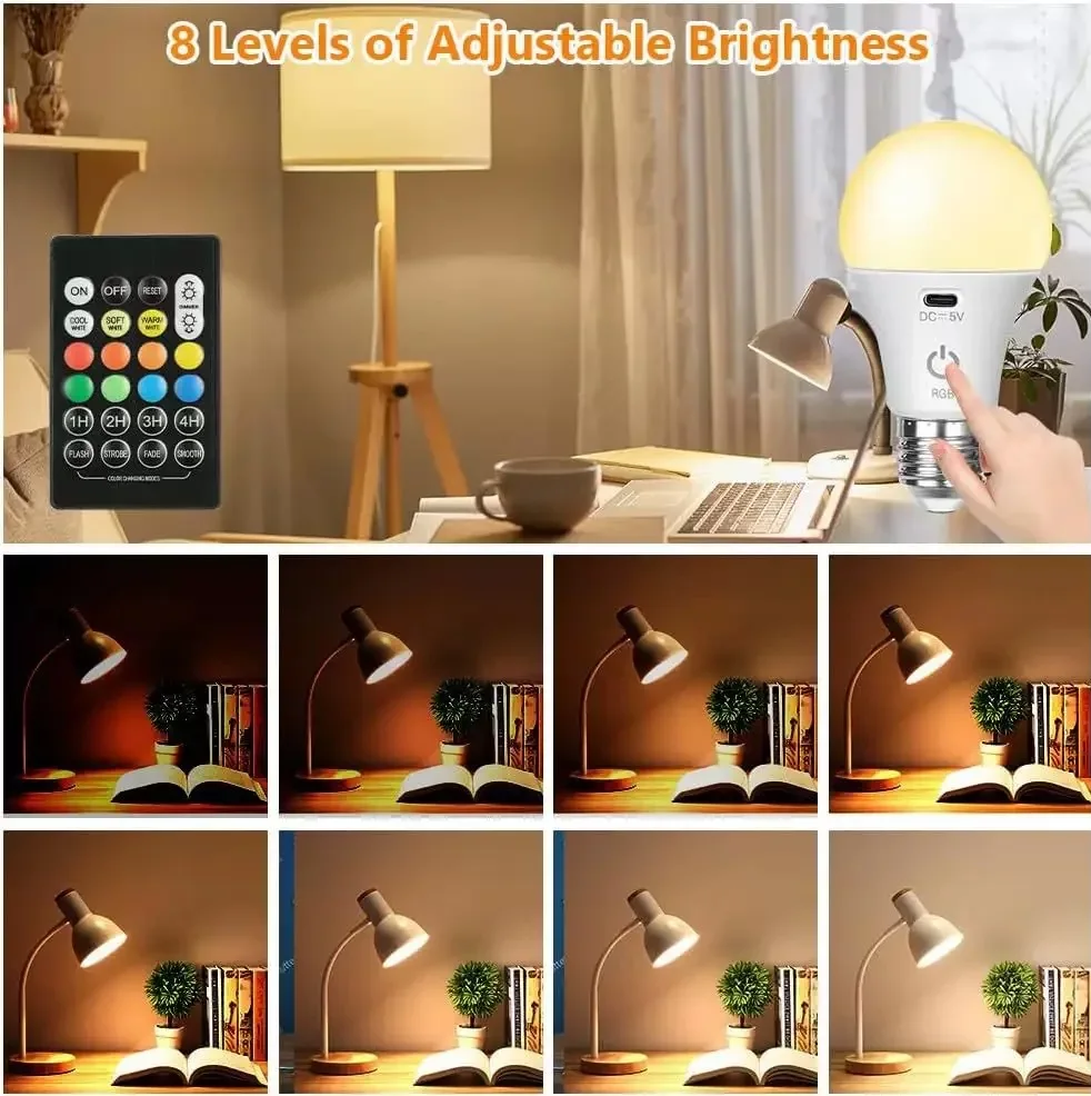 لمبة إضاءة قابلة لإعادة الشحن RGB لون USB Led لمبة ذكية لمبات E27 عكس الضوء مع توقيت لمبة إضاءة تعمل بالبطارية اللاسلكية #3