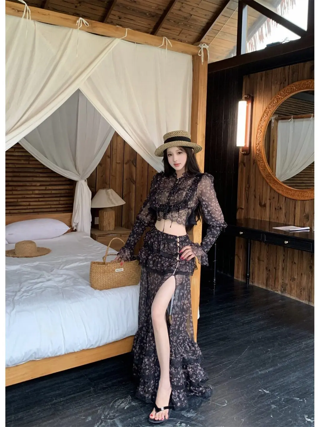 

Весенний модный комплект: шифоновая блузка с цветочным принтом и длинным рукавом, юбка с высокой талией, дышащий, легкий, комфортный крой