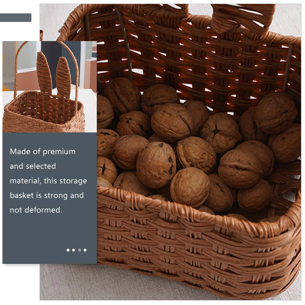 Portable Rattan Woven Basket Bunny Ear Design Hand Woven Decorative Storage Container Fruit Vegetable Snack Organizer Home Use