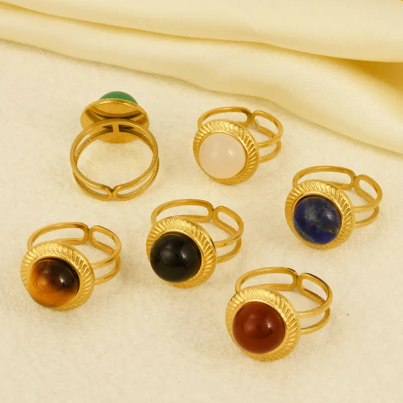 Brief High Quality Oval Texture Double Deck Colorful Stone Ring Waterproof Stainless Steel For Women Wedding Jewelry Party Gift