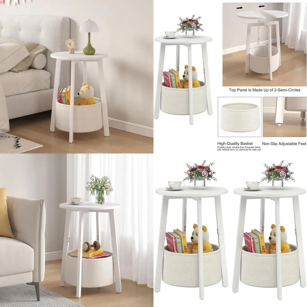 

Пара компактных круглых приставных столиков с тканевыми корзинами для хранения, металлическими акцентными элементами на металлическом каркасе, идеально подходят для небольших помещений, современные прикроватные тумбочки.