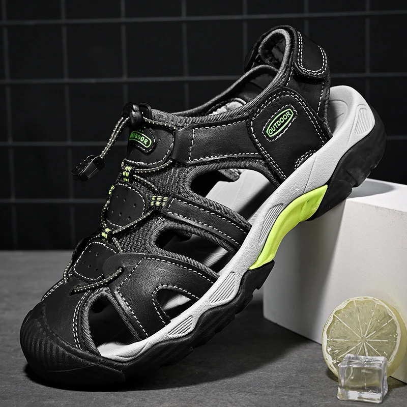 

Summer men's casual beach shoes with genuine leather splicing mesh breathable design, anti slip, wear-resistant, shock-absorbing