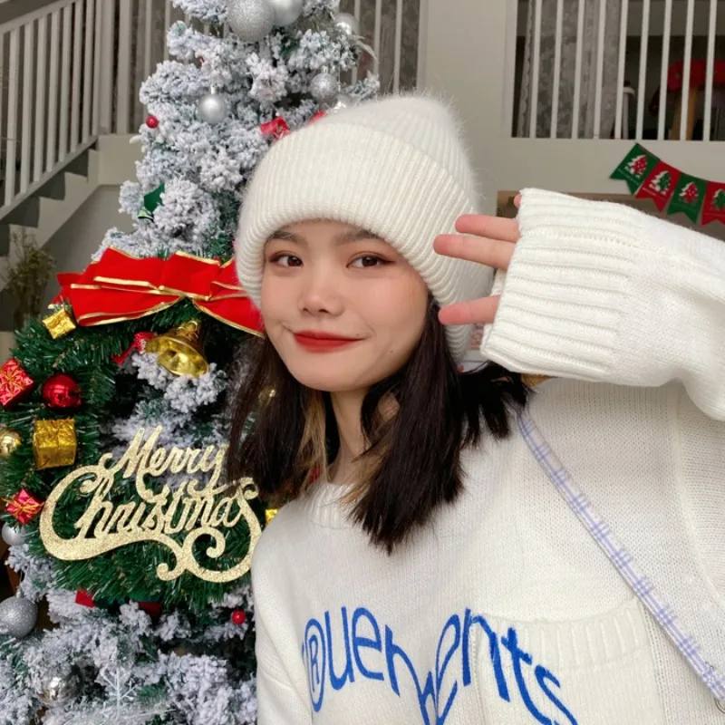 Angora Rabbit Hair Beanie Hat Solid Color Cuffed Skull Cap Elastic Warm Winter Hat Multiple Colors Outdoor Headwear for Women