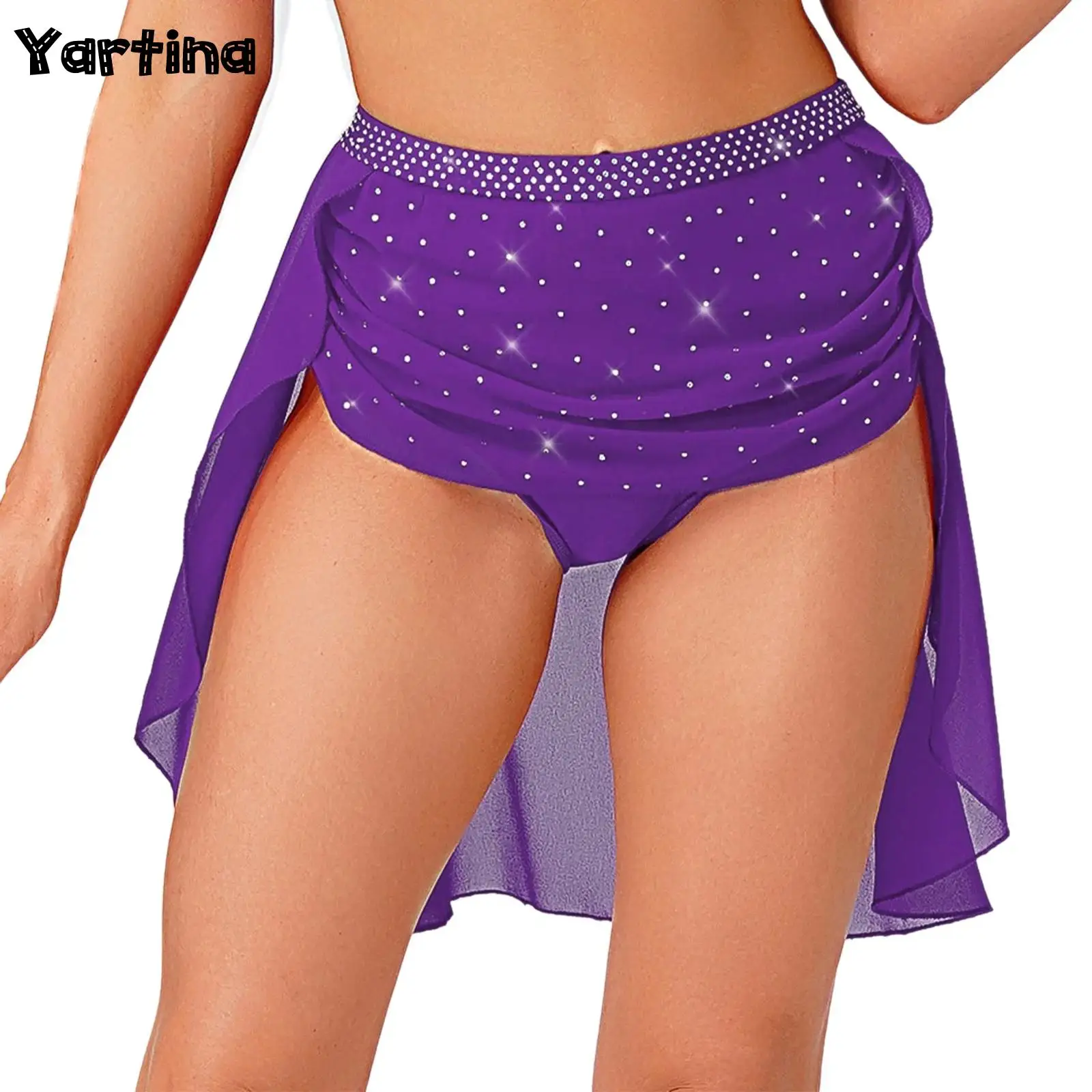 

Женская современная лирическая танцевальная юбка, костюм для выступлений, блестящие стразы, нерегулярный шифоновый подол, встроенные трусы, юбка, танцевальная одежда