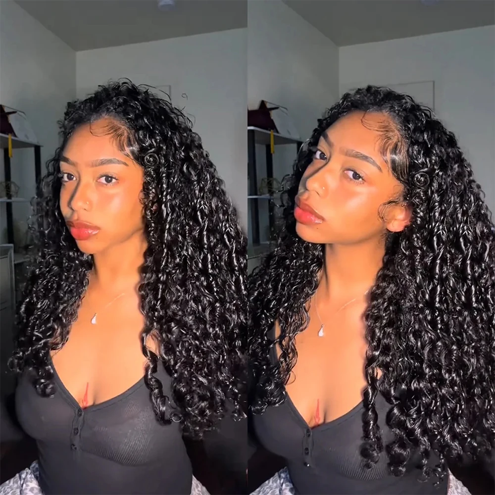 30 32 Inch 3 In1 Half Wig Upgrade Adjustable Drawstring Sung Hd Lace 200% Density Water Kinky Curly Deep Human Hair Wig Black Glueless