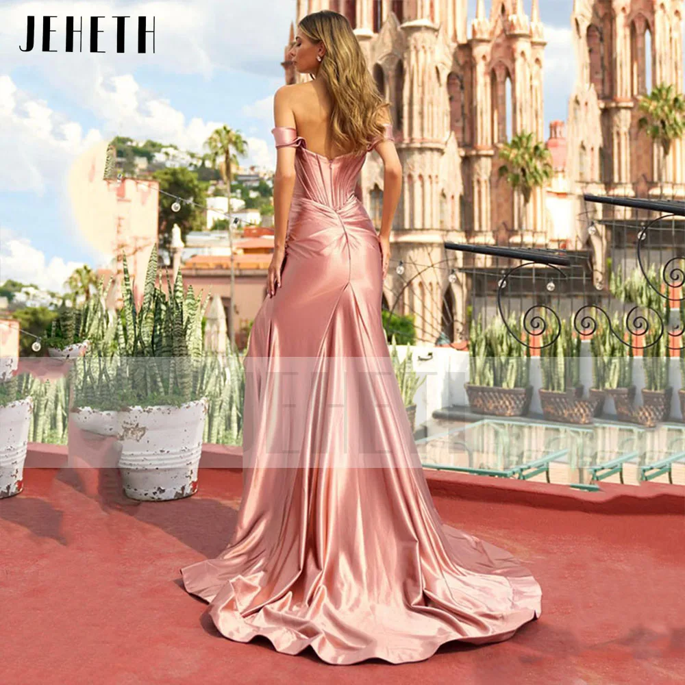 JEHETH Pink Sexy Satin Side Split Mermaid Evening Dress Off the Shoulder Boat Neck Open Back Pleats Prom Party Gown Sweep Train