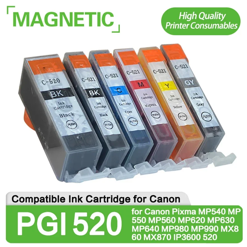 6PCS Compatible PGI-520 CLI-521 ink cartridge For canon PIXMA MP540 MP550 MP560 MP620 MP630 MP640 iP3600 ip4600 ip4700 Printer