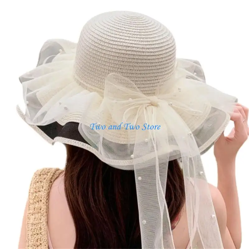 HX6F Lovely Double Layer Sun Hat with Lace Ruffle Bowknot Decors For Women Picnics 3