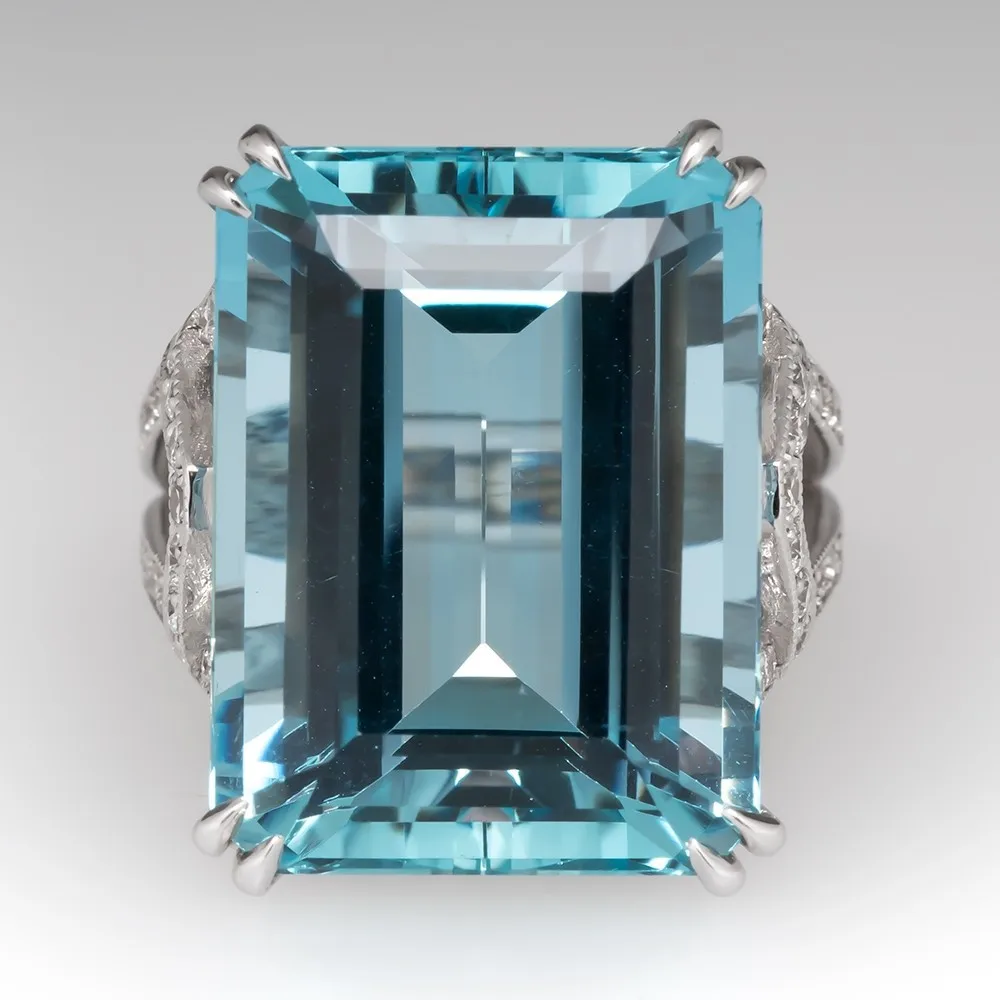 Sea blue topaz square diamond princess ring Europe and the United States fashion engagement ring female