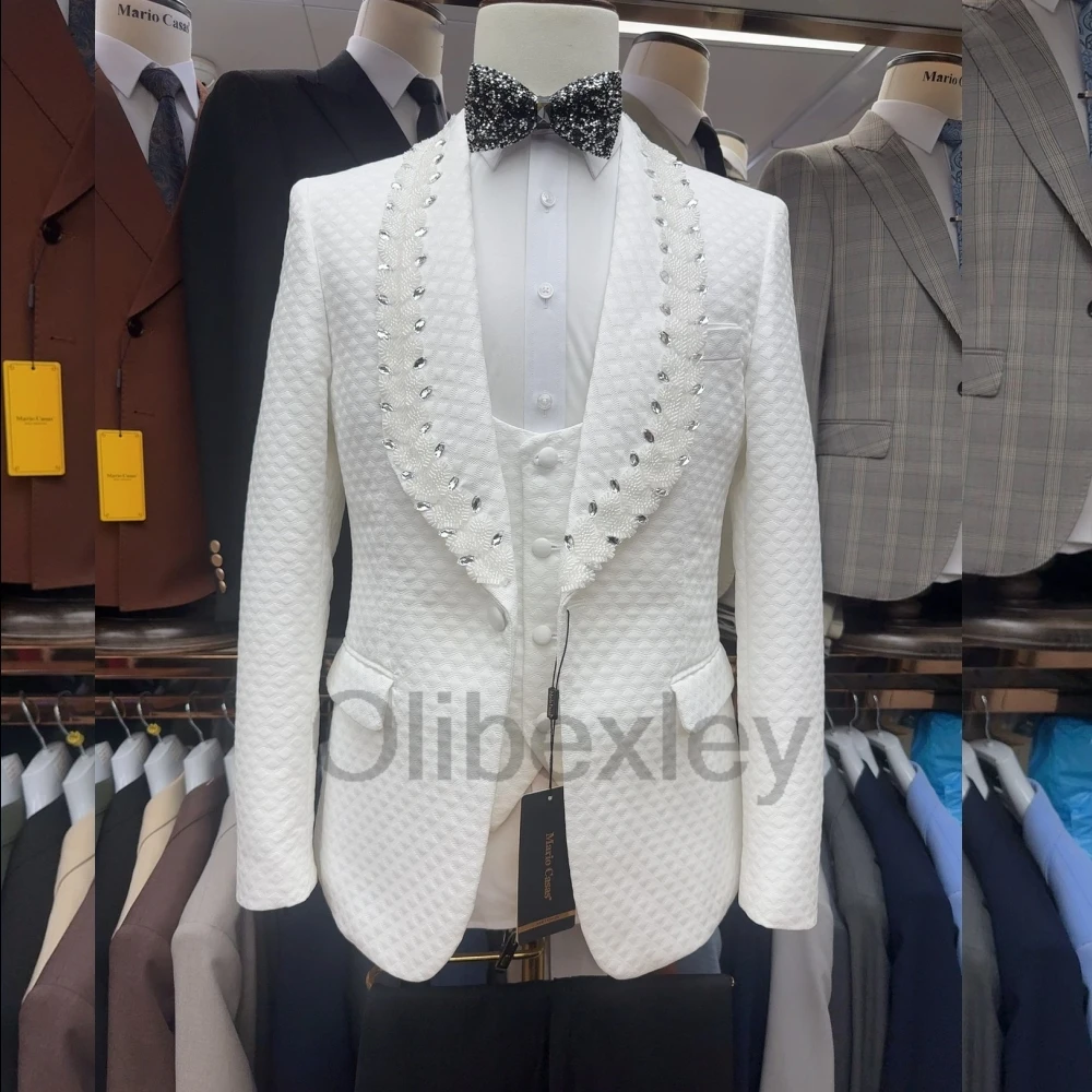 Olibexley Sparkly Beaded Men Suits 3 Pieces Jewelry Bridegroom Groom Tuxedos Male Bespoke Prom Blazer Slim Fit Customized S42