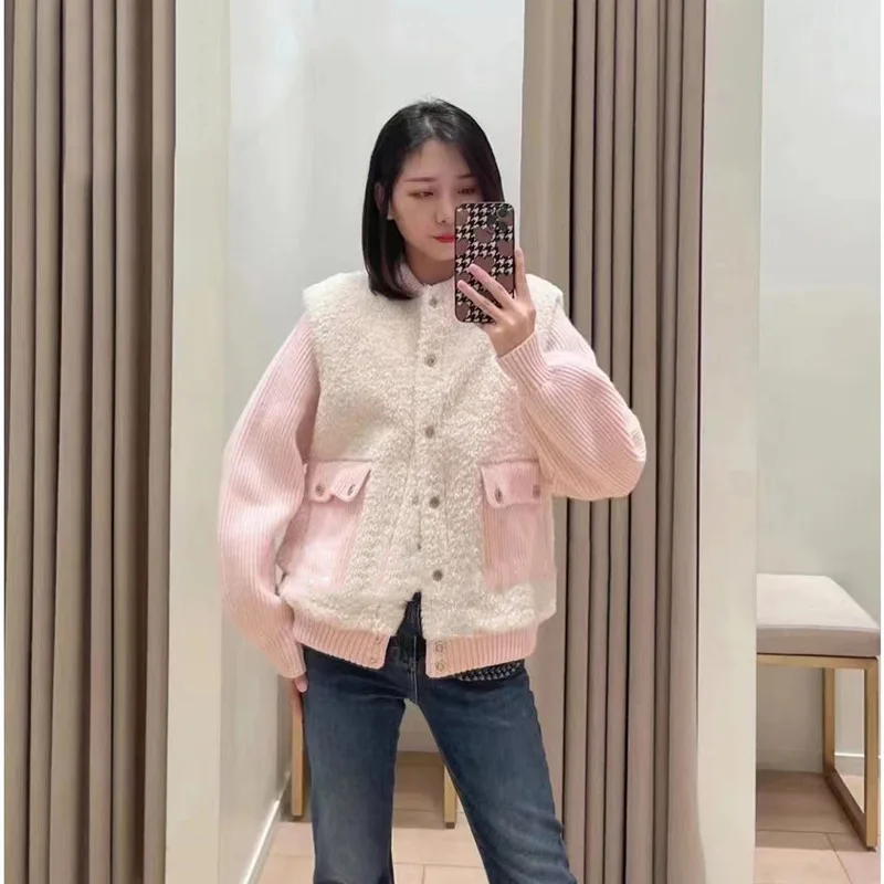 M Home 2023 otoño nueva mujer Faion Anti-piel de cordero tejido largo Sve empalme prendas de vestir exteriores rosas Ele Sle Color puro