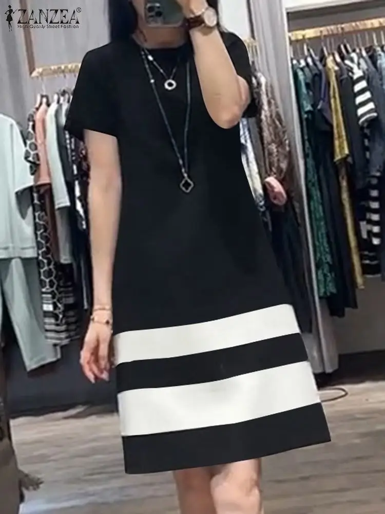 ZANZEA Fashion Women Color Block T-shirt Dress 2024 Summer Casual Short Sleeve O Neck Knee-length Vestidos Korean Style Sundress