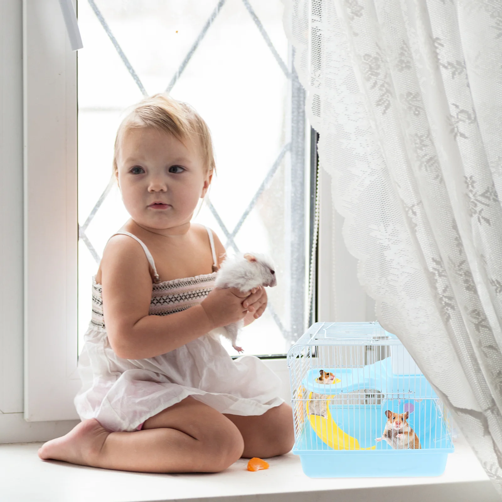 

1Pcs Double Layer Hamster Cage Slide Design Leakproof Water Jug Running Wheel Portable Small Pets House Light Blue