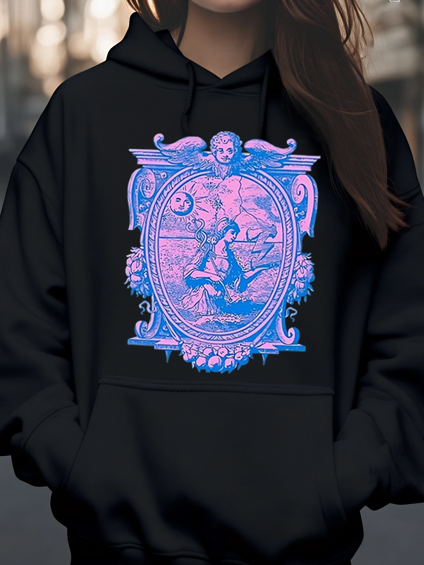 Moletom com capuz estampa deusa mítica vintage fantasia de Halloween roupa de festa moda feminina