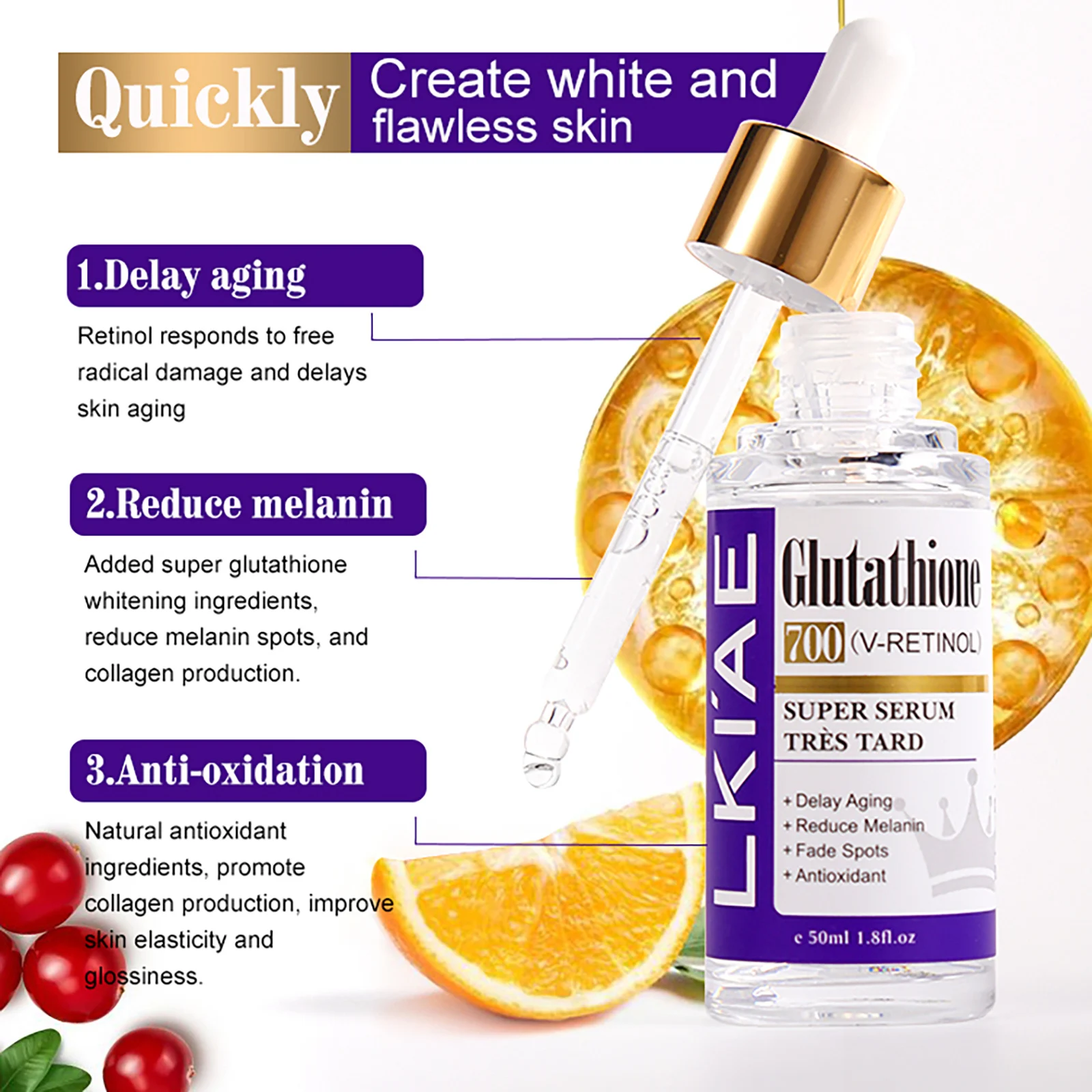 LKIAE Glutathion Whitening Gesichtsserum, entfernt Melanin, dunkle Flecken, Chloasma, mit Retinol, Niacinamid, für alle Hauttypen – Detail 2