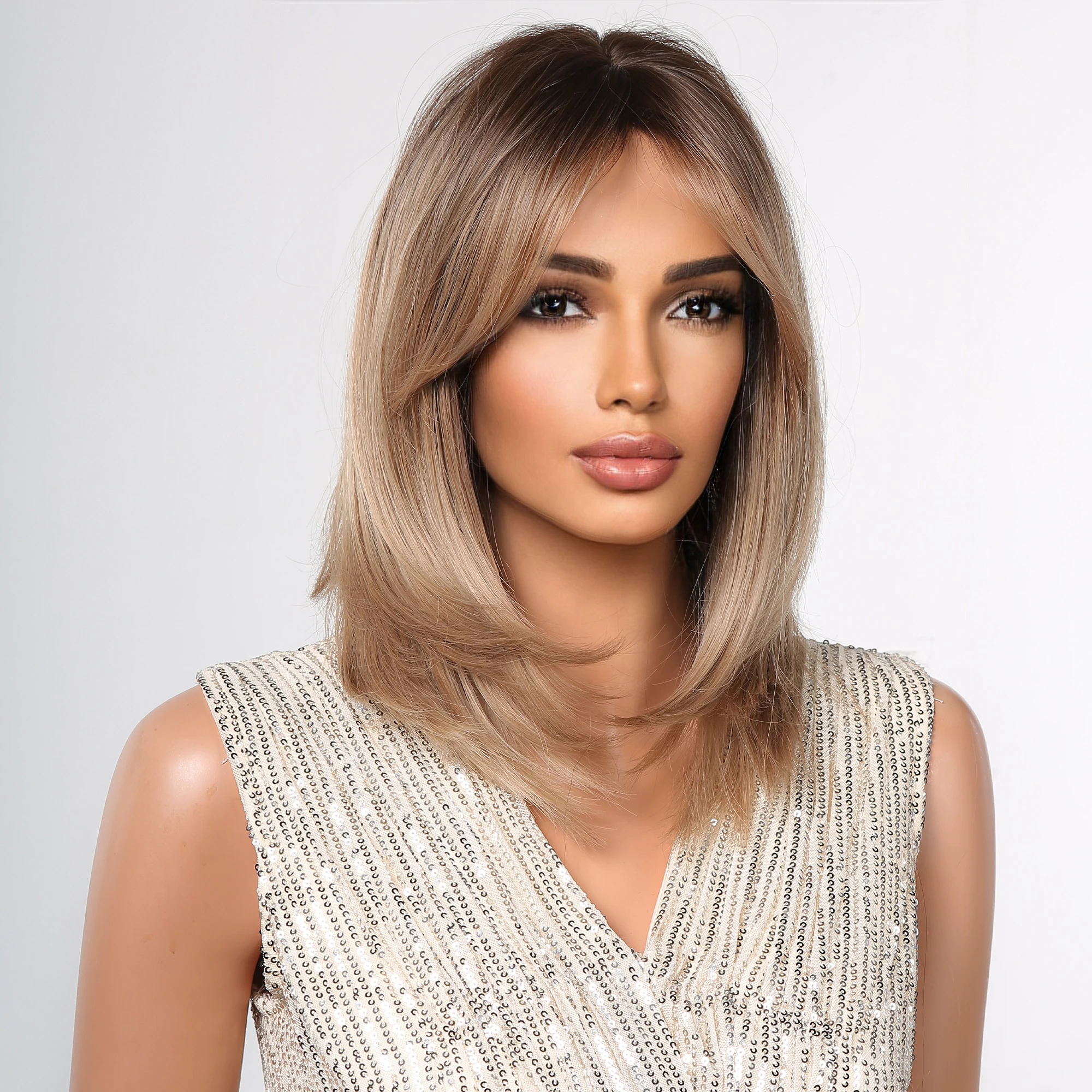 Mittellanges glattes ombre braunes Haar mit Pony kurze Bob dunkle Wurzel synthetische Faser Perücke für Frauen hitze beständige Haar perücken