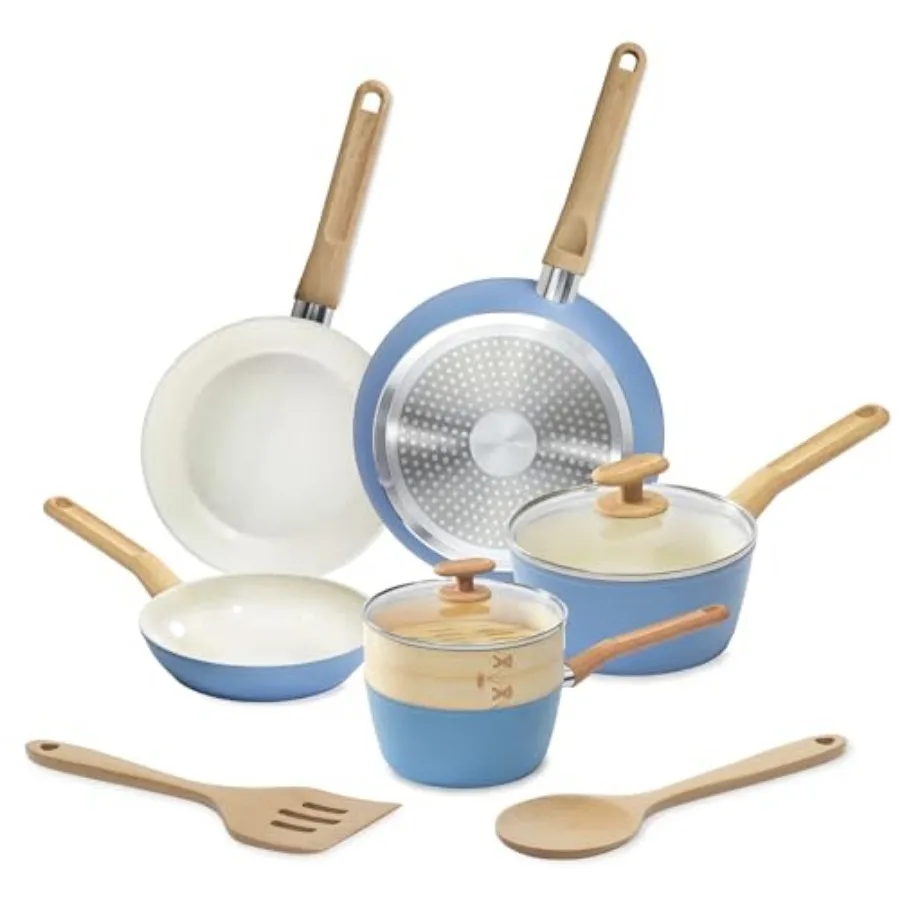 

10-Piece Healthy Ceramic Titanium-Infused Cookware Set Light Blue Pots Pans Steamer Spoon and Turner Induction Cookware Kitchen