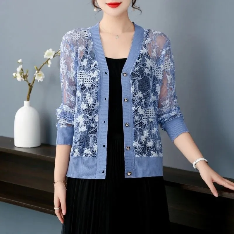 Summer 2026 Thin Lace Knitted Cardigan Shawl Jacket Air Conditioning Shirt for Women V-neck Hollowed Out Sunscreen Coat Top