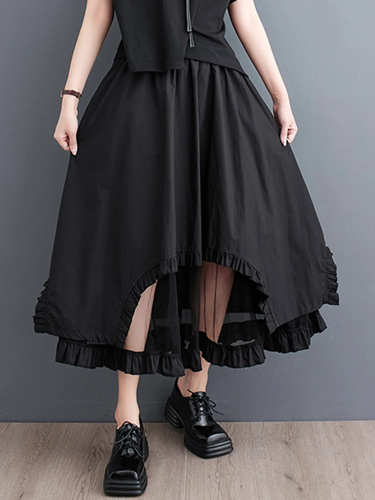 Mesh Patchwork Black Vintage High Waist Skirt Women New Irregular Plus Size Fashion Loose Casual Midi Skirts Clothes Summer 2024