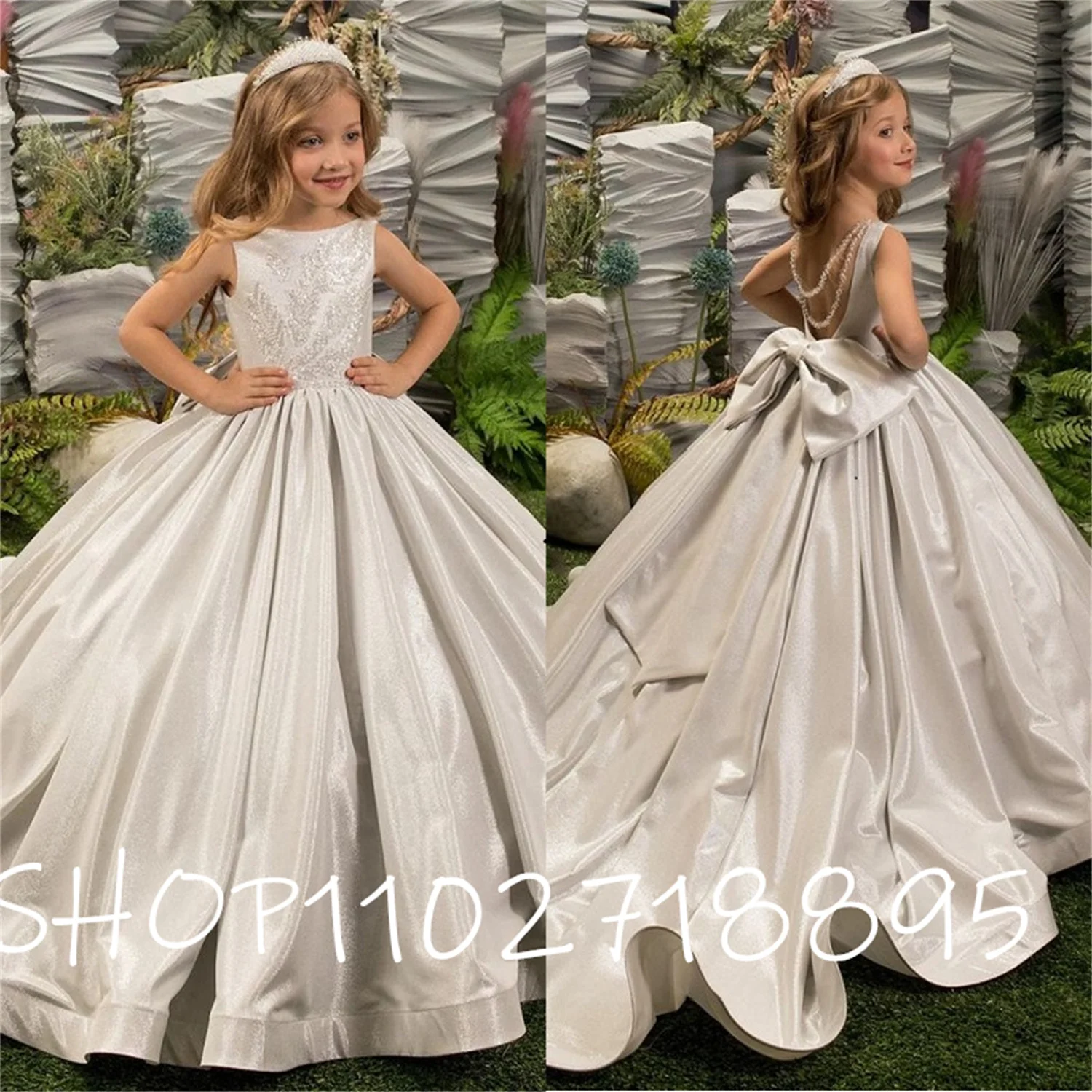 Vestido luxuoso sem mangas prateado com laço para meninas, vestido de princesa, lantejoulas, glitter, primeira comunhão, casamento, concurso, 2023