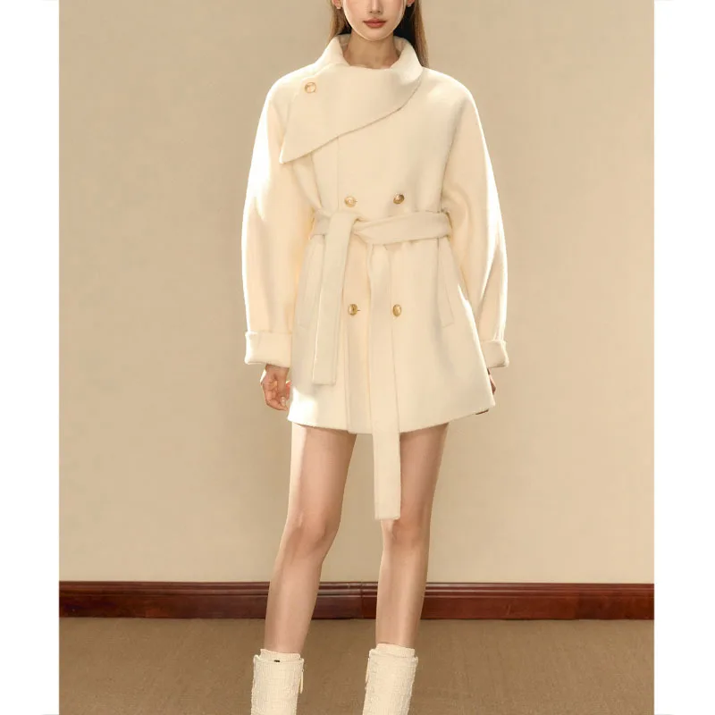 Korean Women's Coat with Multiple Colors and a Sense of Gold Woolen Woolen Coat Women's 2025 New Winter Gold Buckle Fine Belt