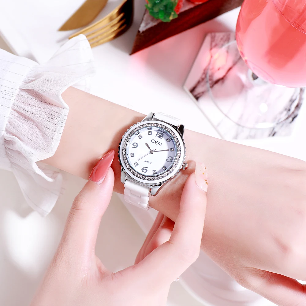 GEDI Women's Watches Luxury White Simulated Ceramic Strap Diamond Bezel Waterproof Ladies Quartz Wristwatch Cute Watch for Women