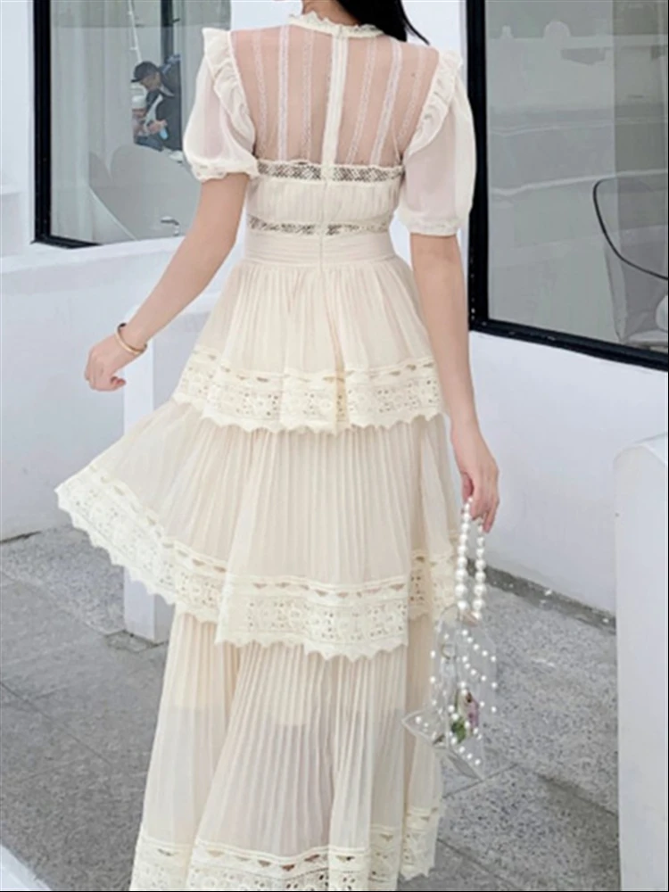 2023 Woman Lace Elegant Boho Summer Mesh Dress Solid Party Short Sleeve Sexy Dresses Women Vintage A-Line Embroidery Vestidos