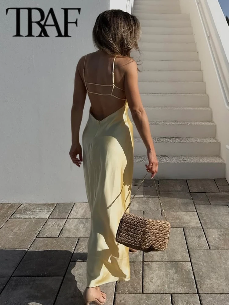 TRAF エレガントなサテンイエローの女性のロングドレスファッションノースリーブ背中の開いたセクシーなスリムミディドレス夏の女性のホリデードレス 2025