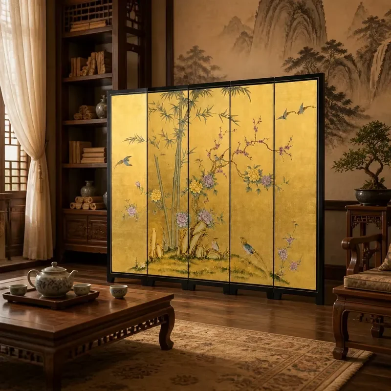 Hand-painted Chinese Style 4-Panel Wooden Partition MF-P3006G for Hotel Lobby
