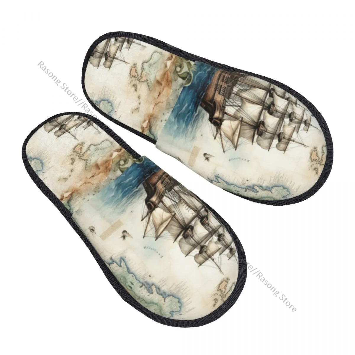 Winter Women Men Non-Slip Flat Slippers Sailing Ship On The Map Of The World Indoor Fur Soft Warm Shoes