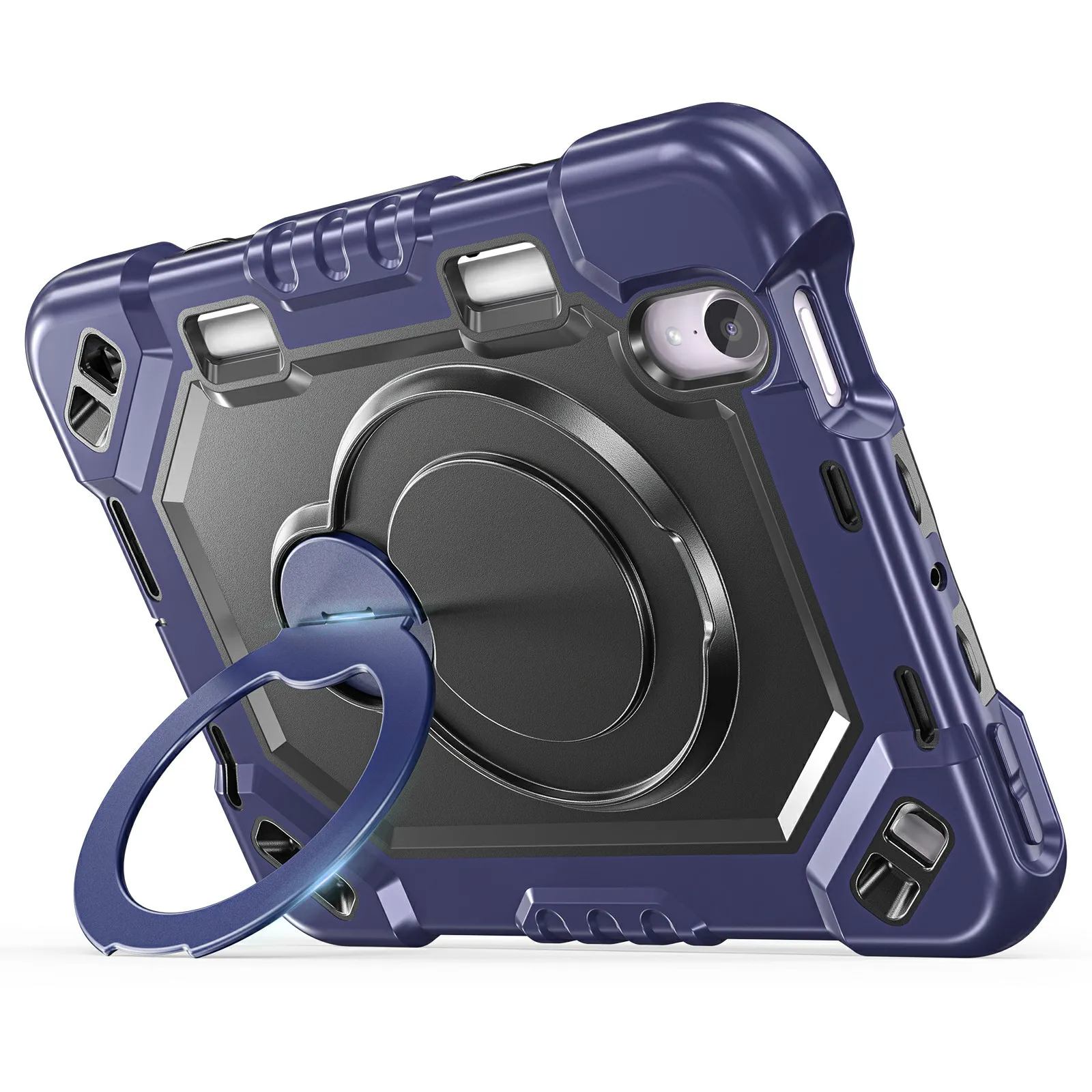 For iPad mini (2021)  /  (2024) Case TPU + PC + Silicone Shockproof Tablet Cover with Kickstand Handle Grip - Navy Blue+Black