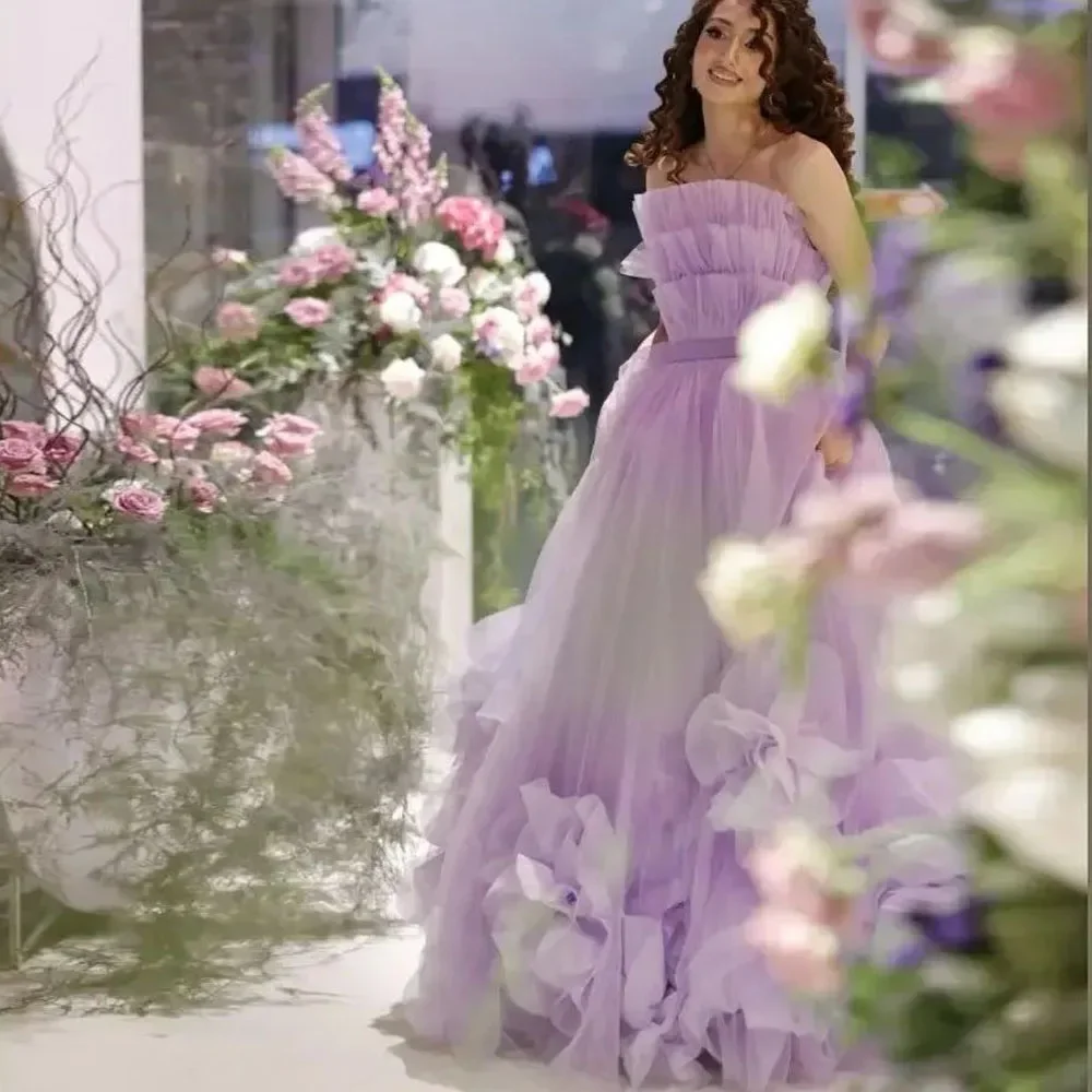 Pretty Floral Women Maxi Gowns Off Shoulder Lavender Party Dresses Handmade Flower Long Tulle Wedding Bridal Drees Lush