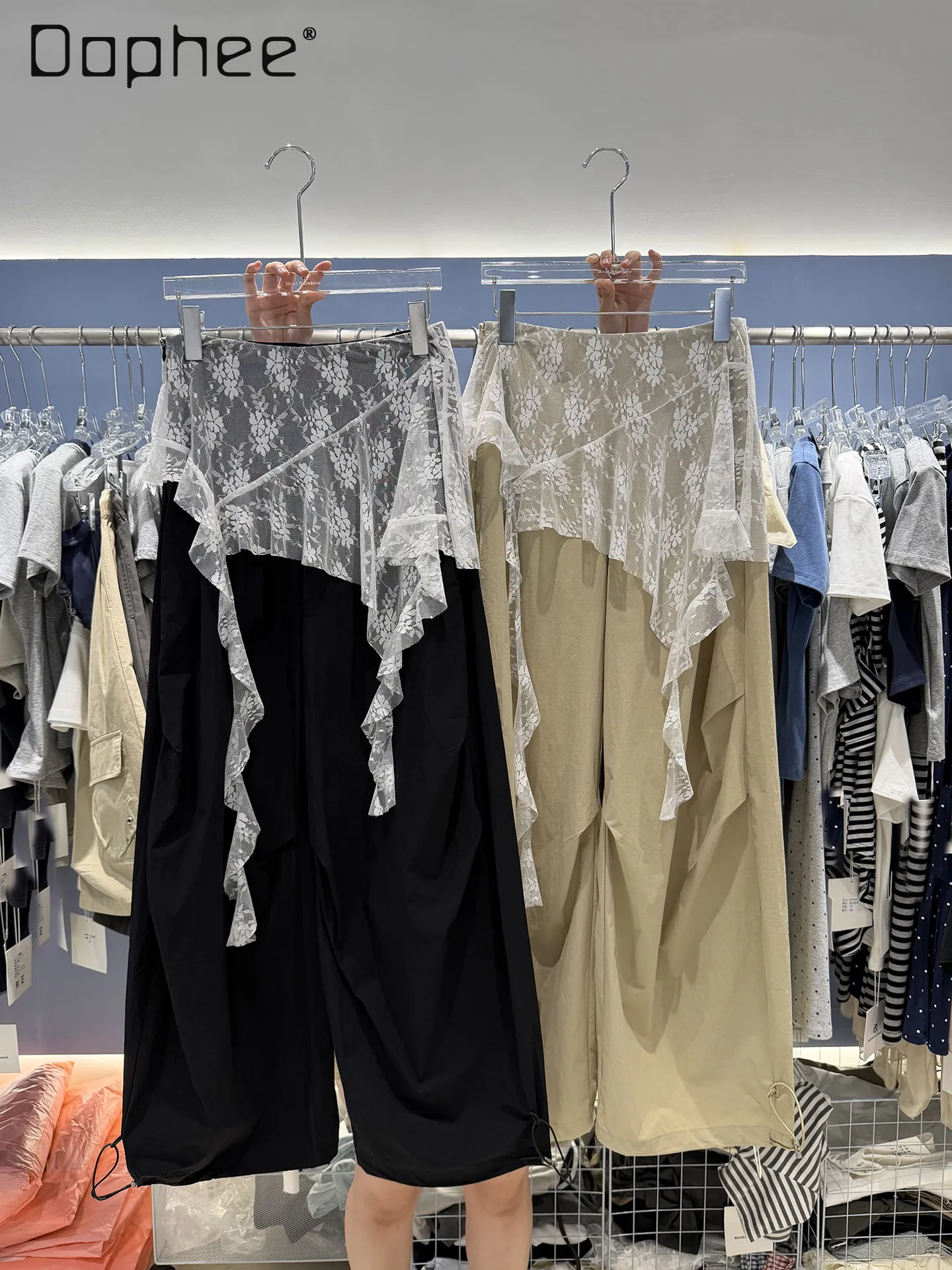 

Zipper Lace Splicing Curtain Quick-drying Overalls Women's Summer High-waisted Wide-leg Pants Thin Fashionable Casual Pants