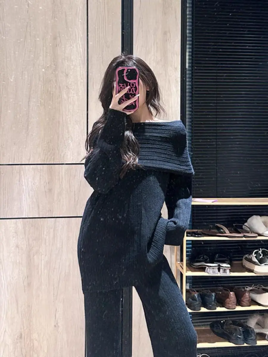 Fall Winter Knitting Sets Office Ladies Elegant Off Shoulder Slash Neck Long Sleeve Loose Sweater+knitted Wide Leg Pants Sets