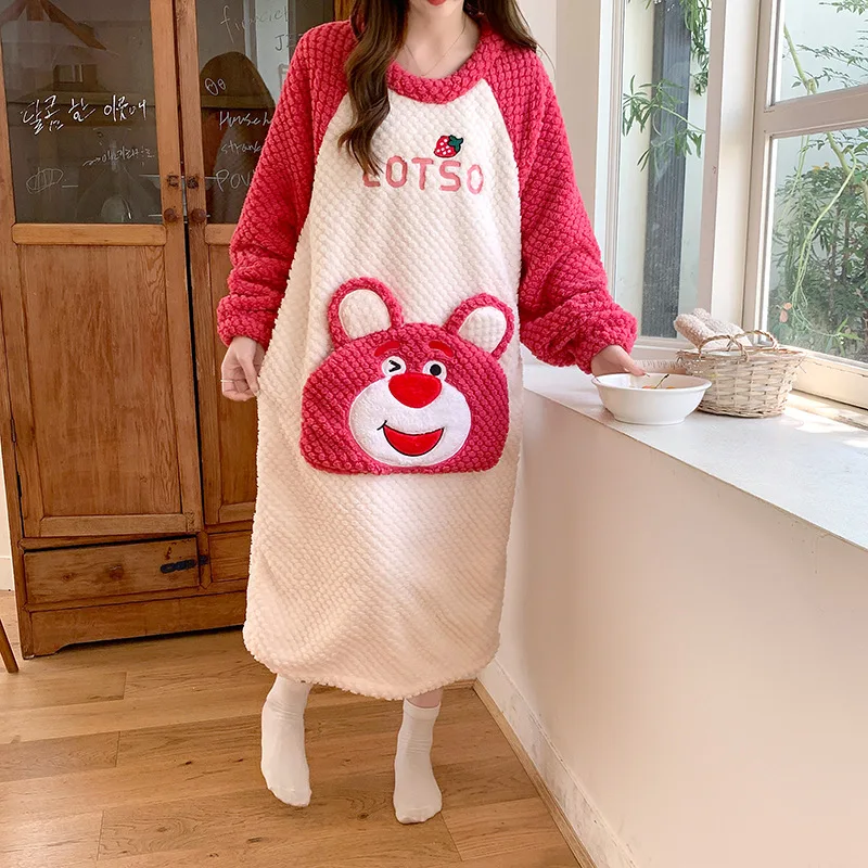 MINISO Strawberry Bear Thick Long Sleeping Skirt for Women, Autumn and Winter Coral Velvet Plus Large Cartoon Pajamas