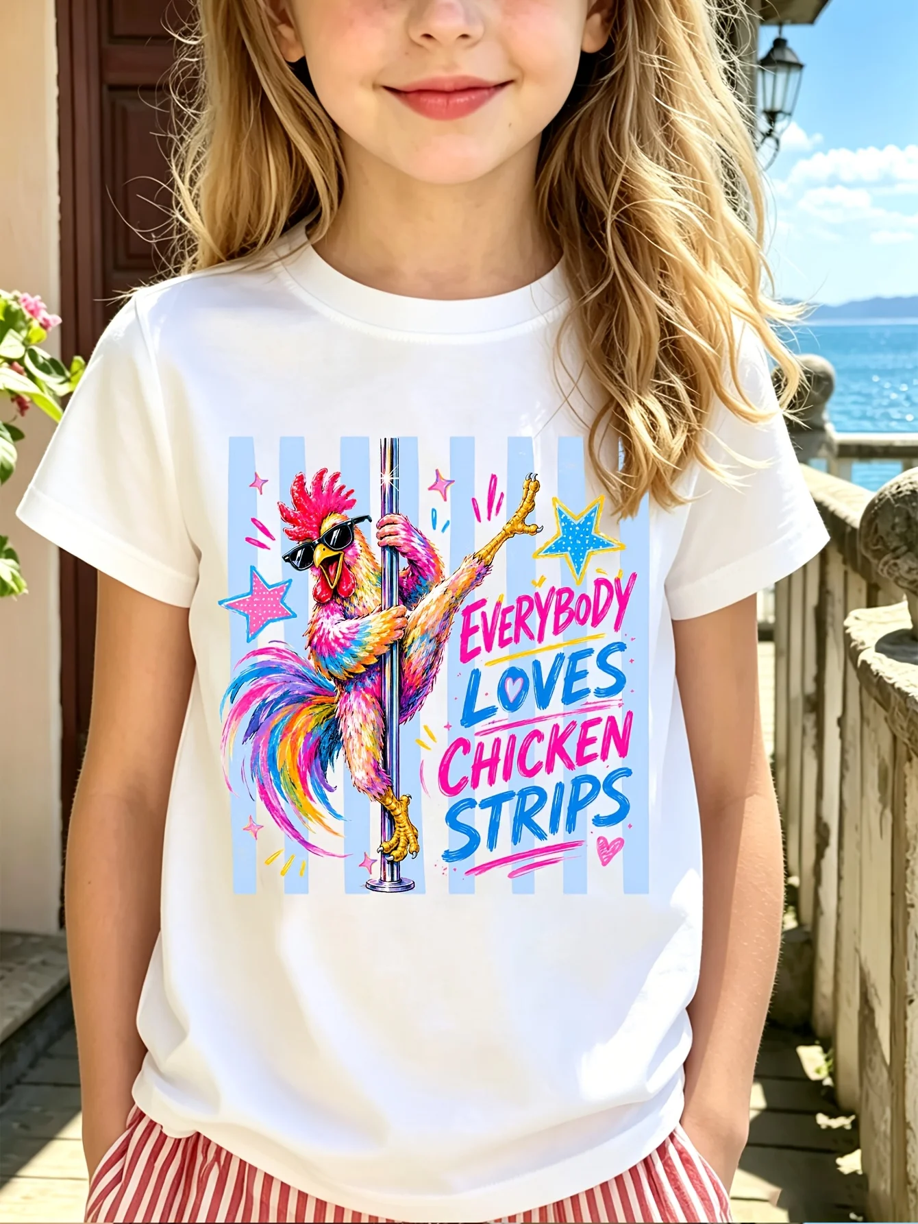 Boys Girls Family Matching Tee Humorous Dancing Chicken Cartoon Art Print Short Sleeve Soft Cotton Kids Daily Outdoor Outfit