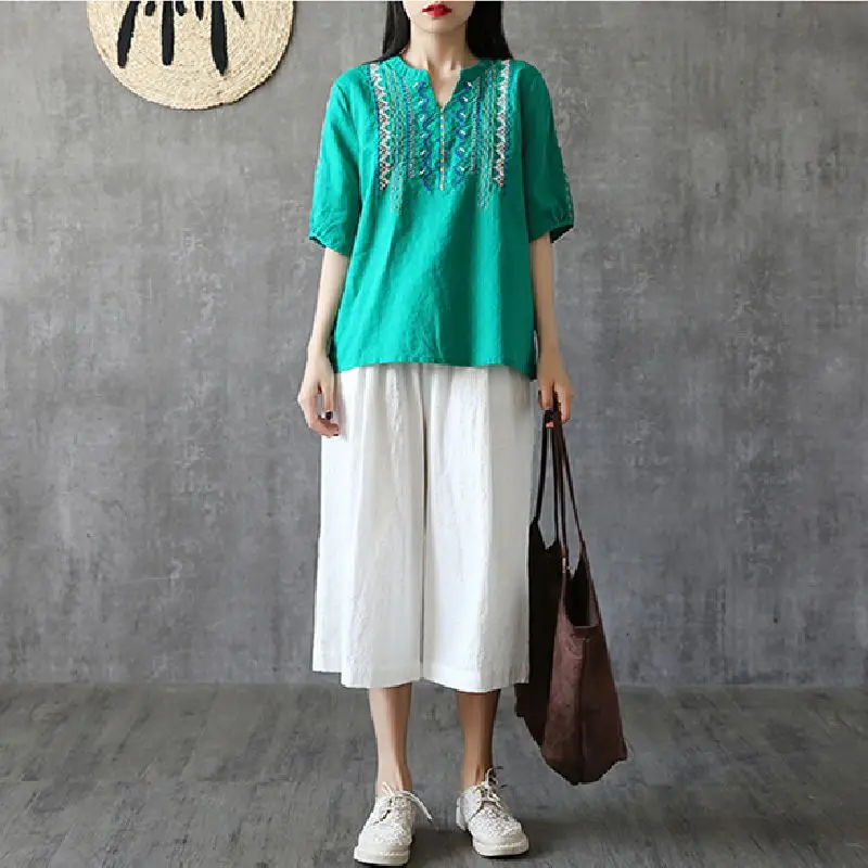 2023 Summer Simple Vintage V-neck Short Sleeve T-shirt Women Elegant Embroidered Cotton Hemp Temperament Pullovers Loose Tops